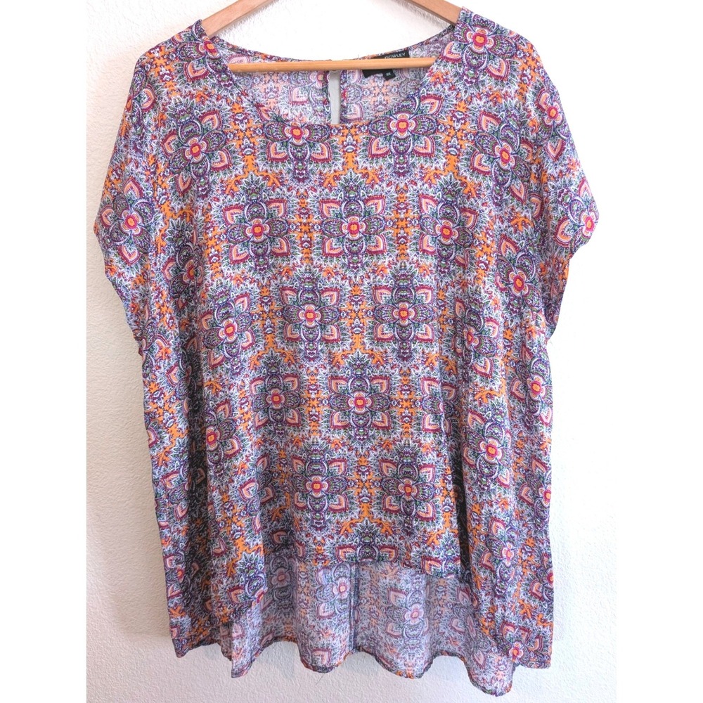 Cynthia Rowley Woman 3X Rayon Top Orange Purple Paisley Floral High Low Blouse